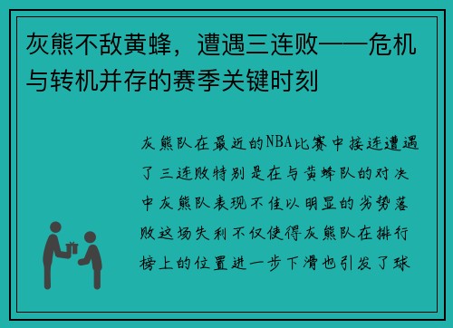 灰熊不敌黄蜂，遭遇三连败——危机与转机并存的赛季关键时刻
